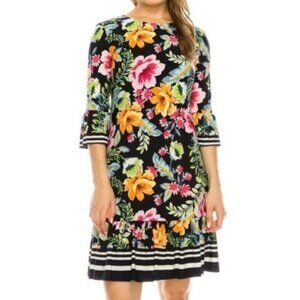 NEW NWT ELIZA J Navy Blue Pink Orange Floral Jersey Stretch Ruffle Shift Dress 8